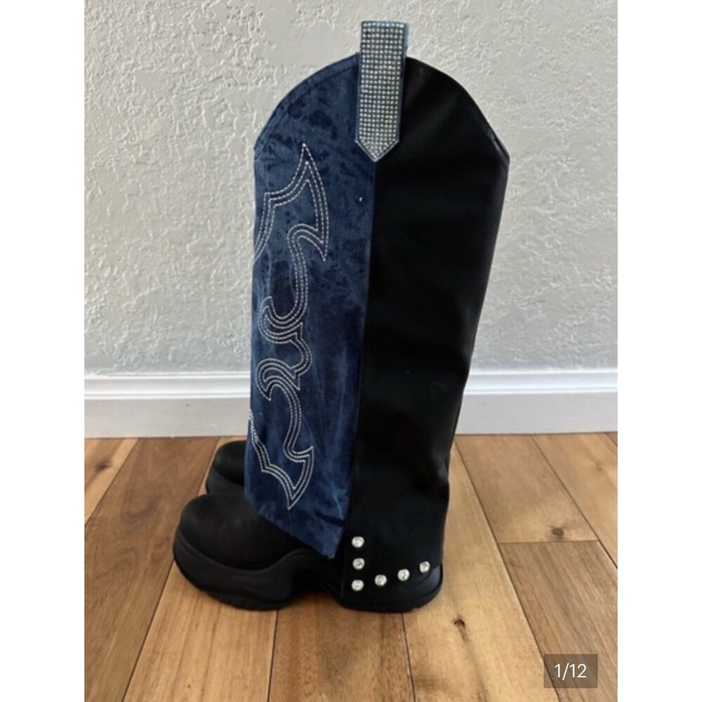 Cape Robbin Sungsu Western Knee High Studded Embroidered Boots Black Blue 9